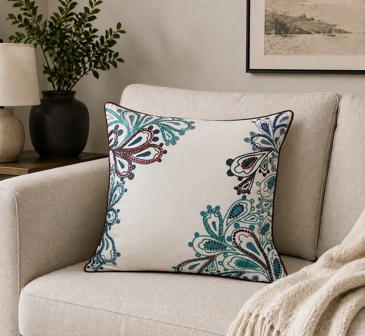 Paisley Bloom Hand Embroidered Cushion Cover Set