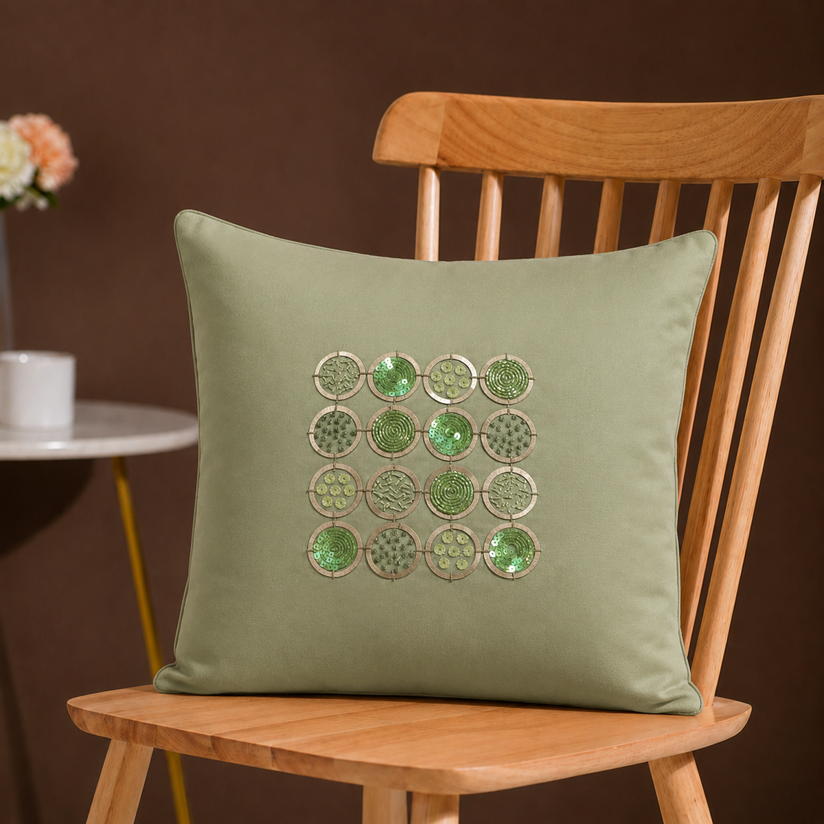 Sage Grid Hand Embroidered Cushion Cover Set