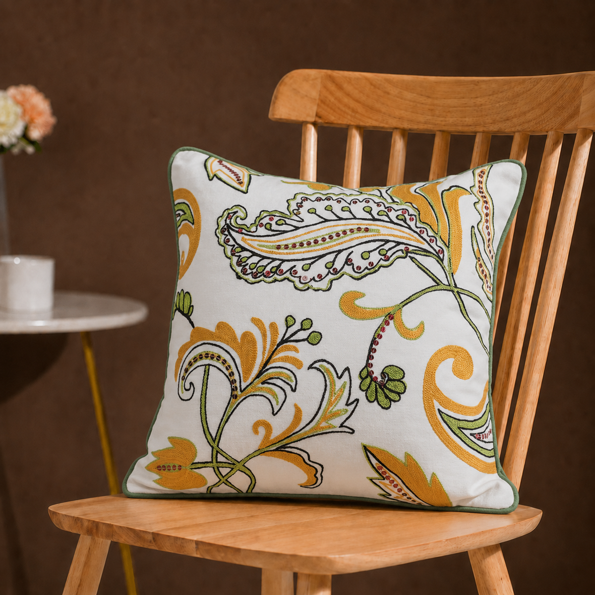 Marigold Paisley Hand Embroidered Cushion Cover Set