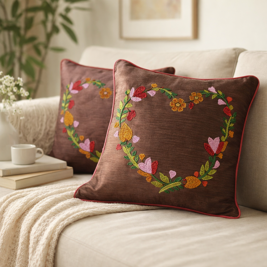 Embroidered Floral Heart Cushion Covers – Set of 2
