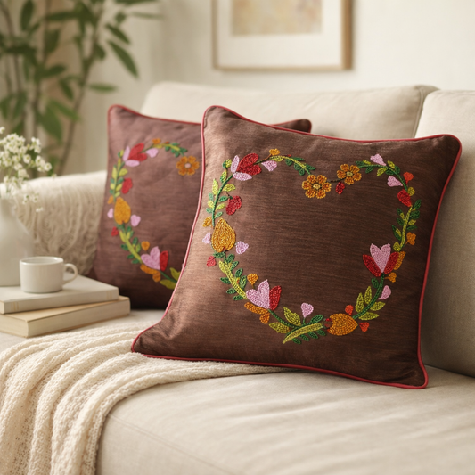 Embroidered Floral Heart Cushion Covers – Set of 2