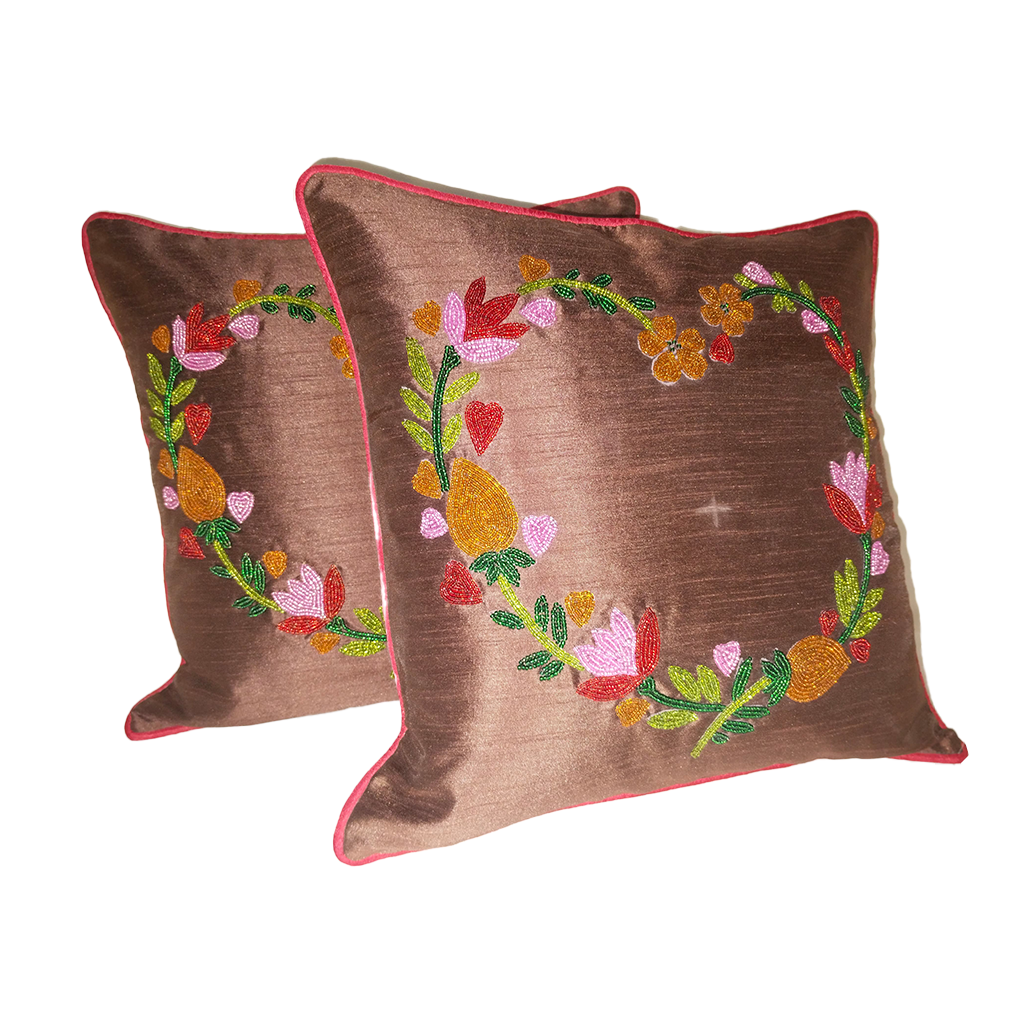 Embroidered Floral Heart Cushion Covers – Set of 2