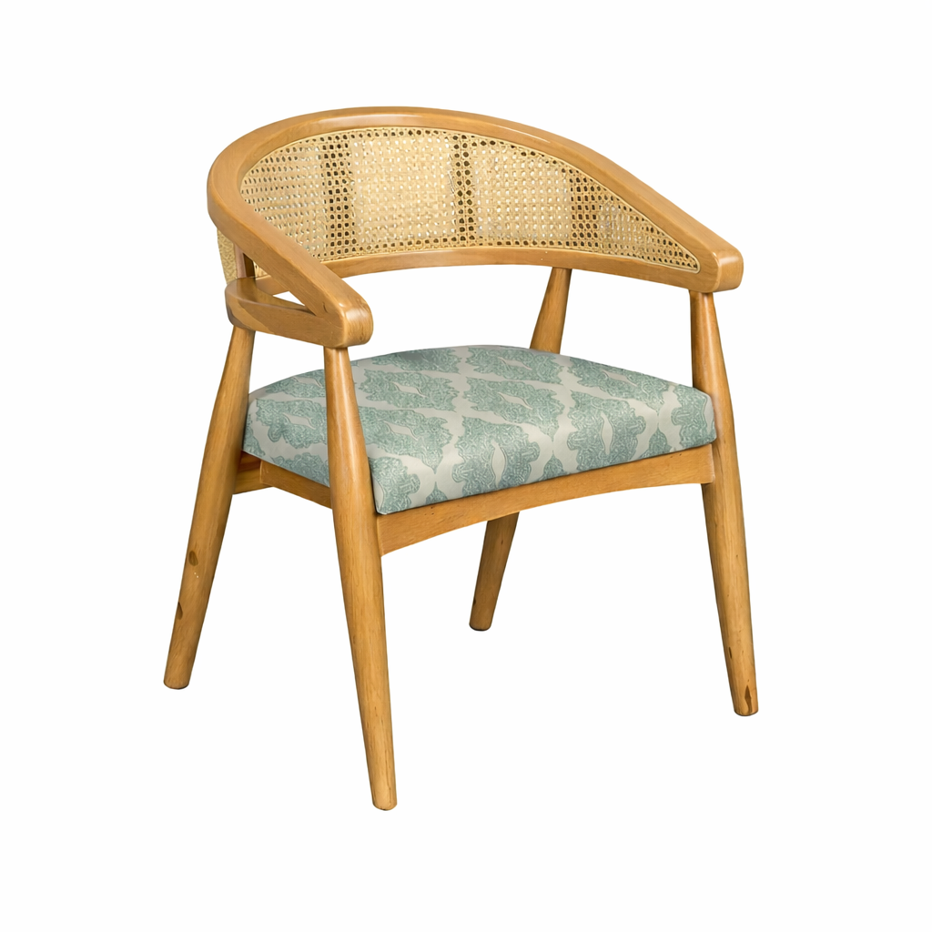 Rattan Cane Curve Solid Teak Wood Accent Chair - Light Blue