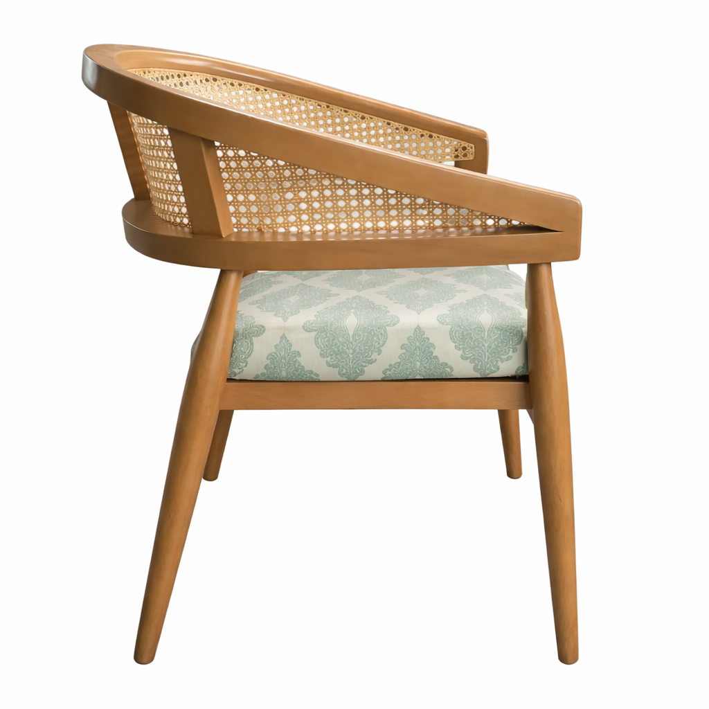 Rattan Cane Curve Solid Teak Wood Accent Chair - Light Blue