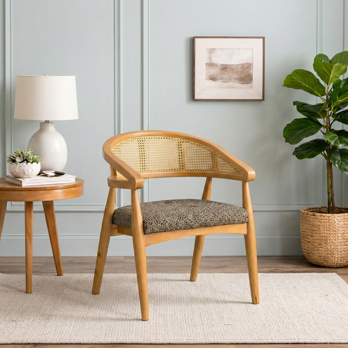Rattan Cane Curve Solid Teak Wood Accent Chair - Light Blue