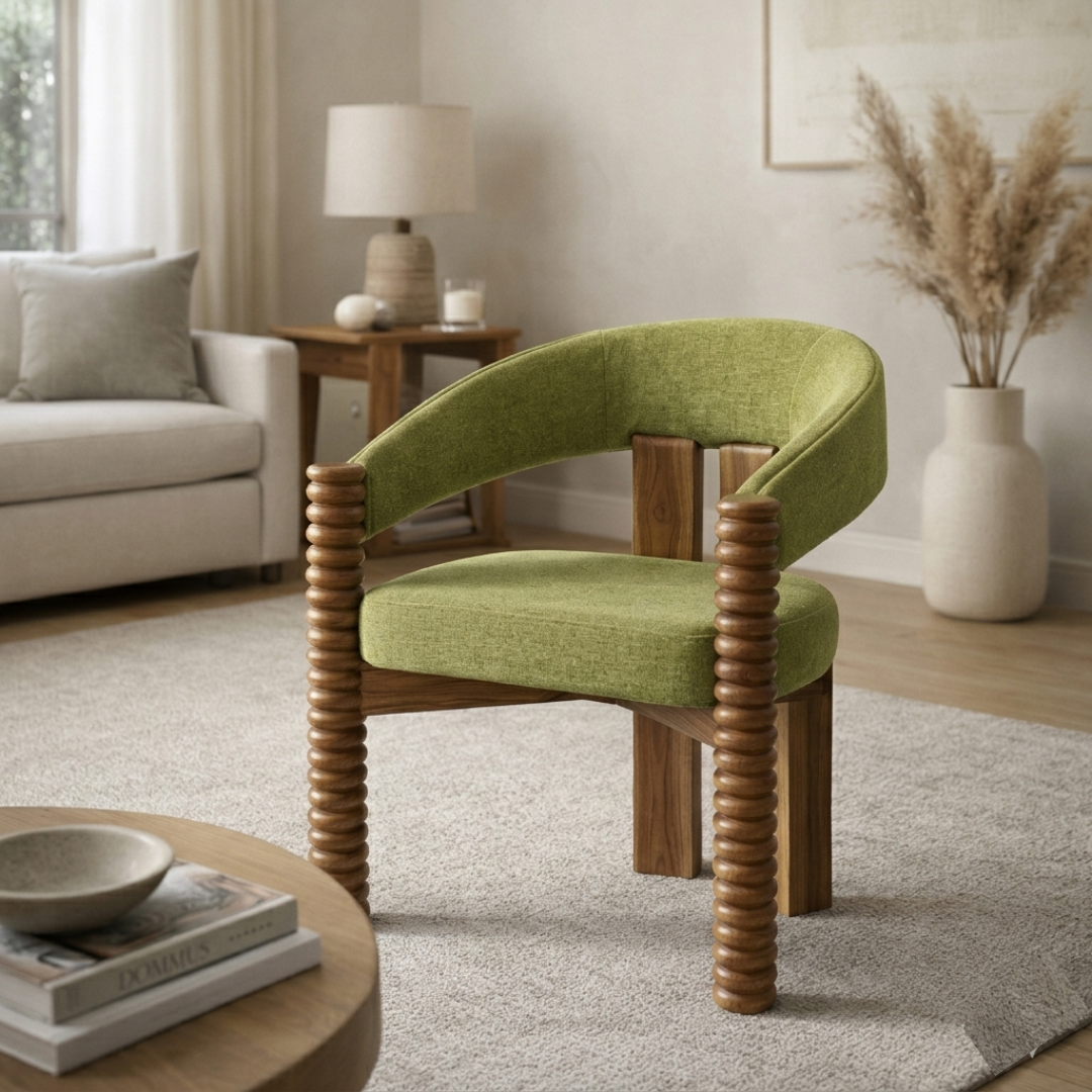 Contemporary Rust Upholstered Accent Chair with Artistic Wooden Detailing